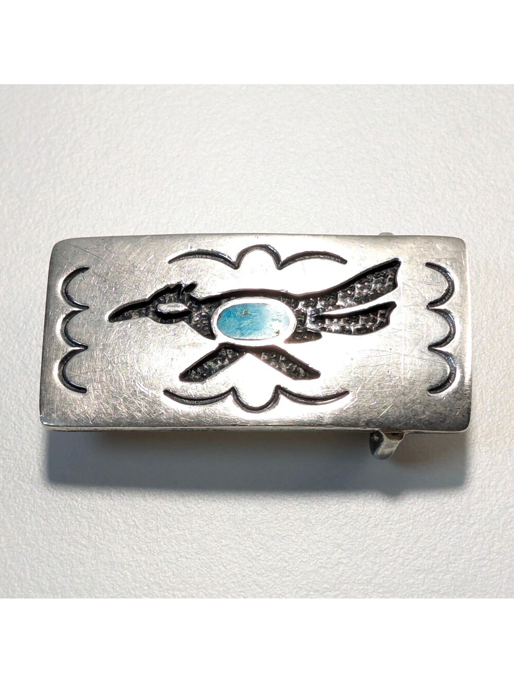 Vintage Unisex Belt Buckle Taxco Sterling Silver Roadrunner Bird W/ Turquoise